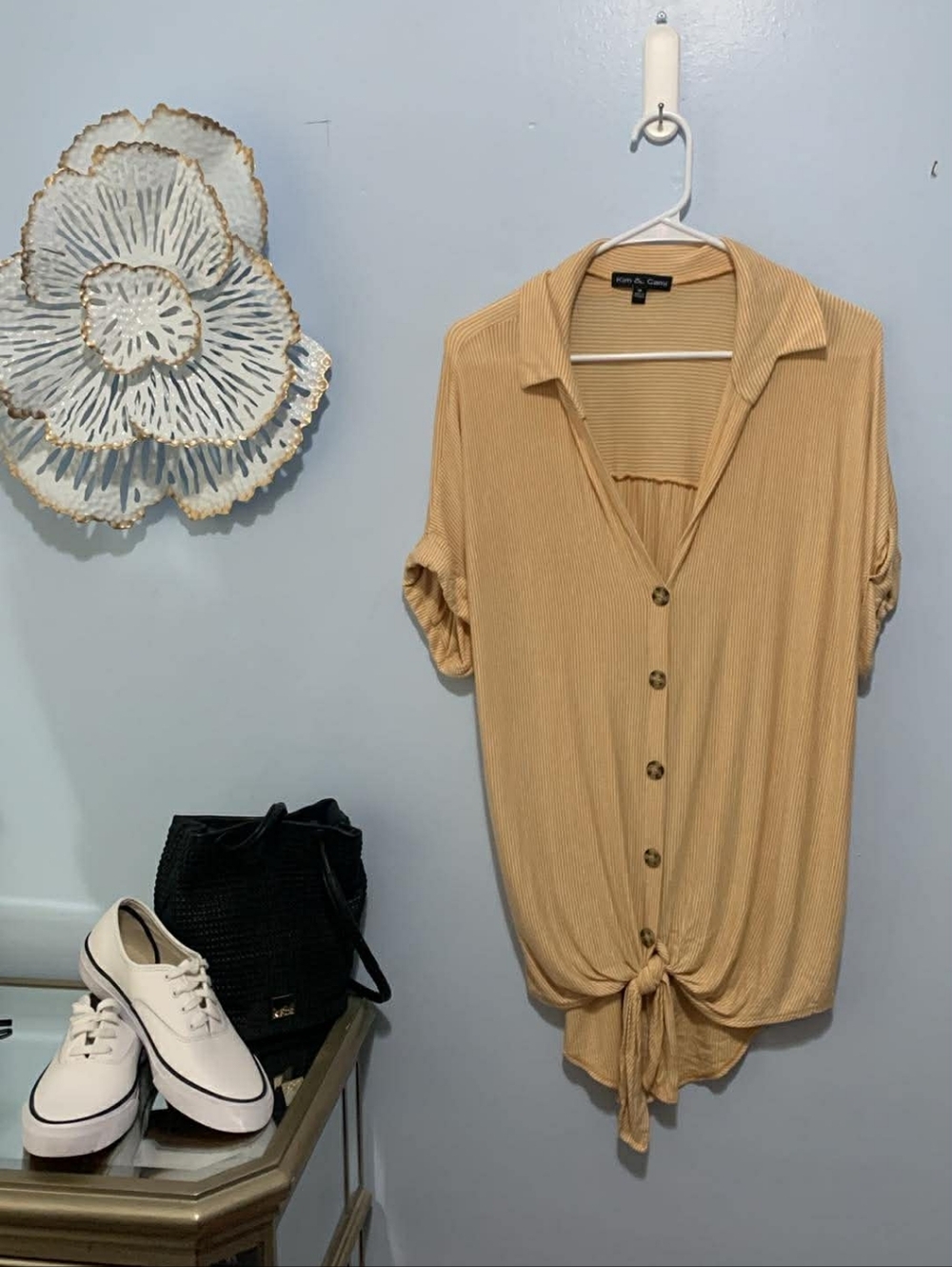 Button-Front Tie-Hem Women's Top in Tan